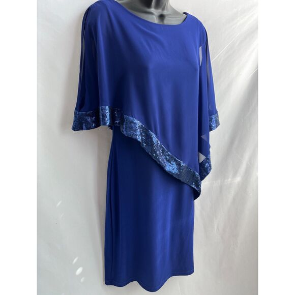 Scarlett Royal Blue Chiffon Shawl Cocktail Dress Sequin Trim Midi Size 6 Formal - Picture 7 of 12